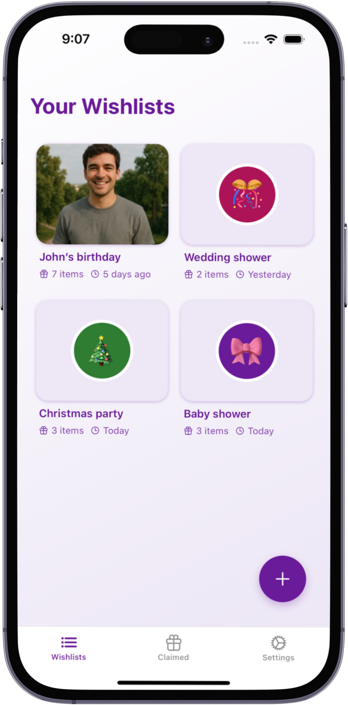 WishPin App - Lists screen