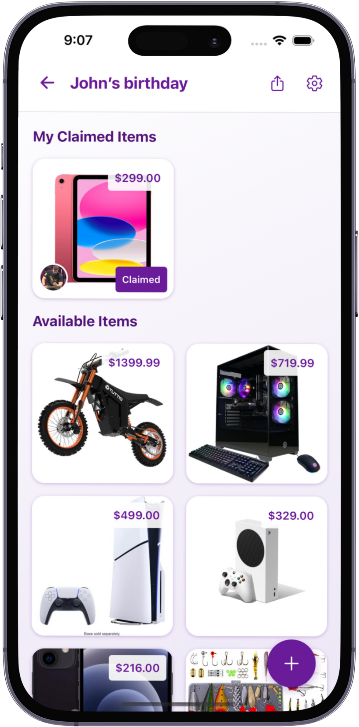 WishPin App - Wishlist screen