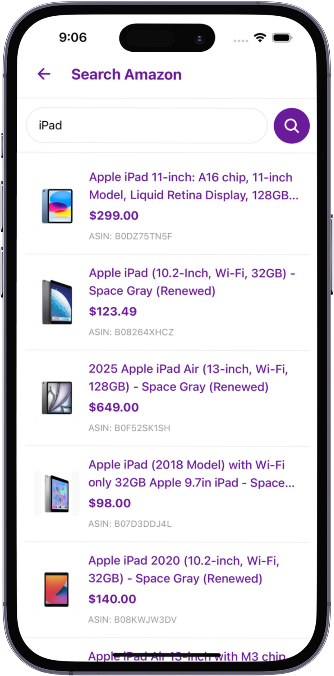 WishPin App - Search Amazon screen