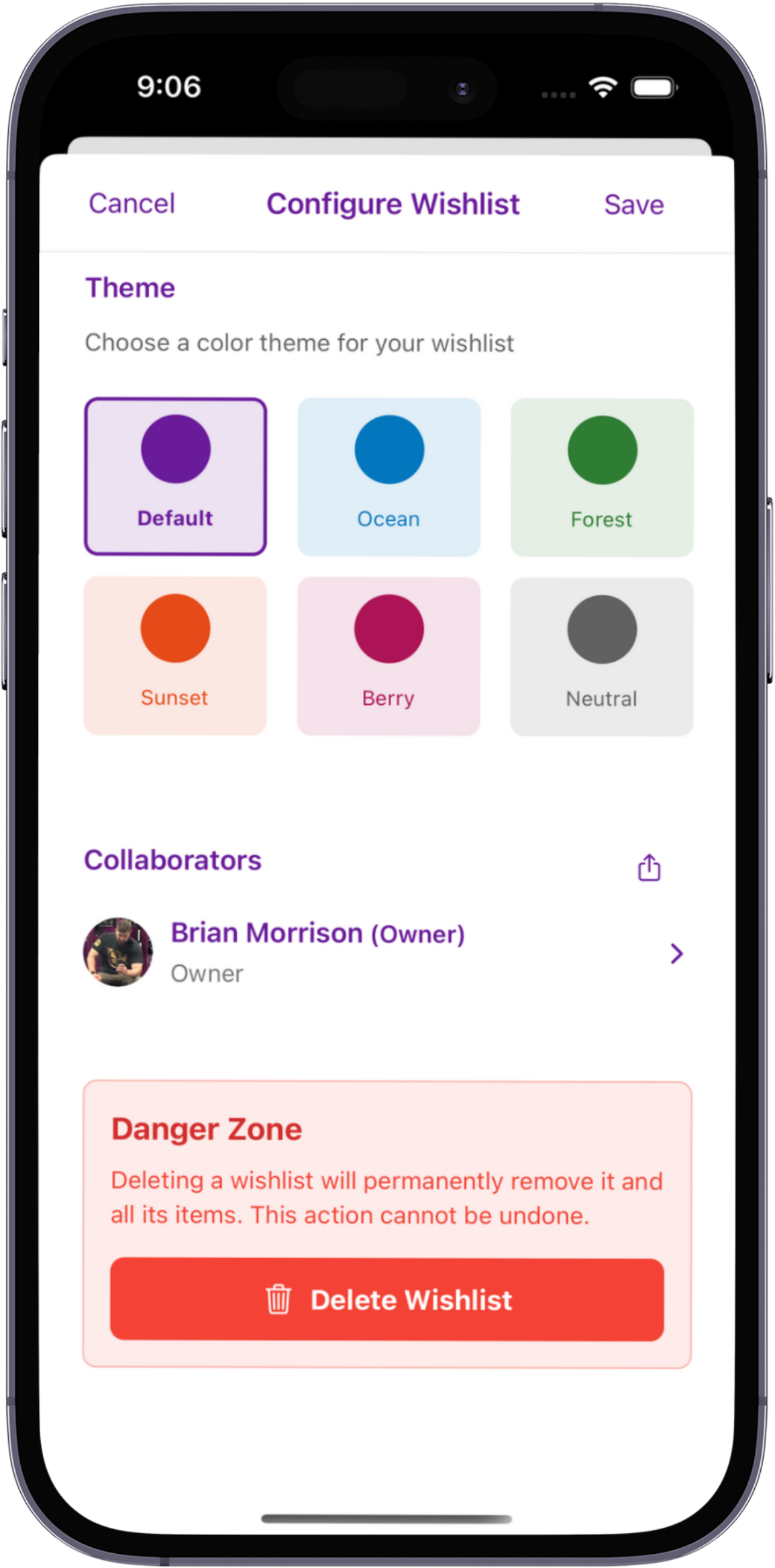 WishPin App - List settings screen